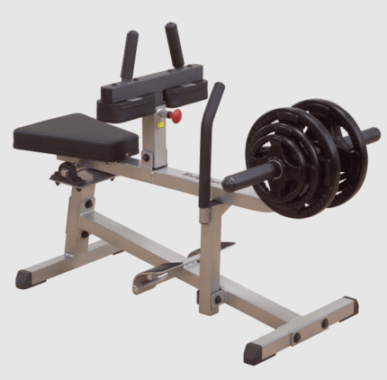 Leg extension gym machine with weights.