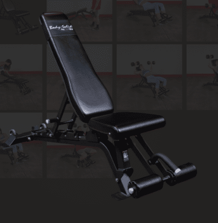 Black adjustable weight bench for gym.