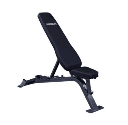 Black adjustable weight bench for exercise.