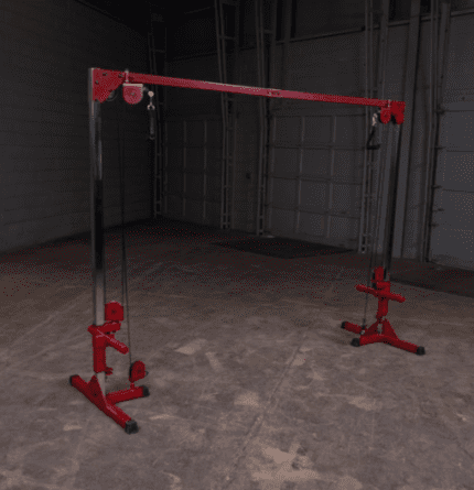 Red cable machine in a warehouse.