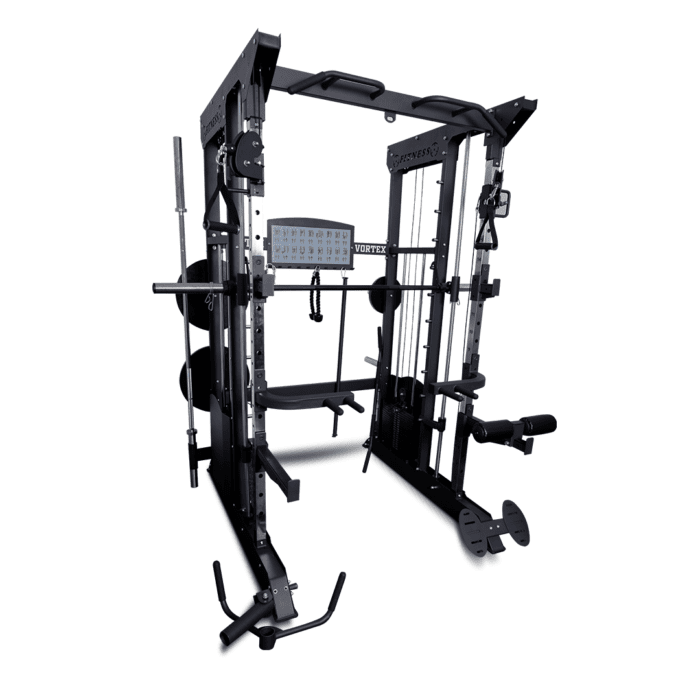 Black steel home gym weight cage.