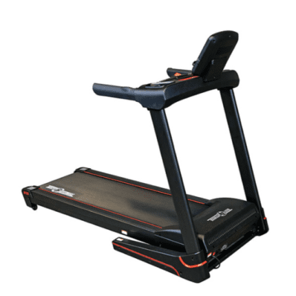 Black electric treadmill with red accents.