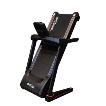 Black and red folding treadmill.