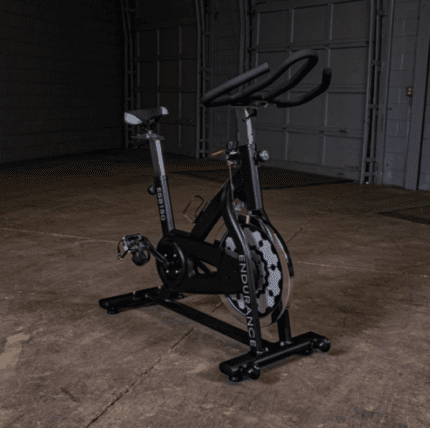 Black indoor cycling exercise bike.