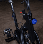 Close-up of a black stationary bike.