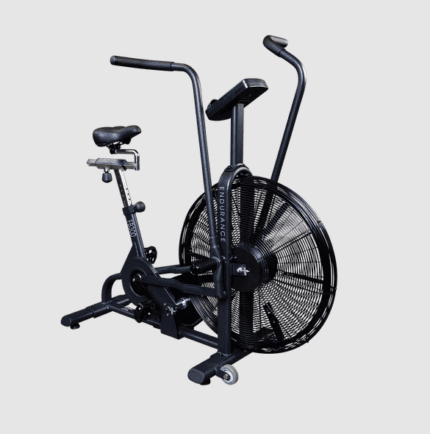 Black air bike with fan for workout.