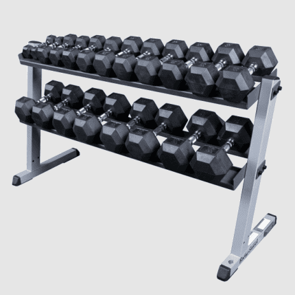 Dumbbell rack with black weights.