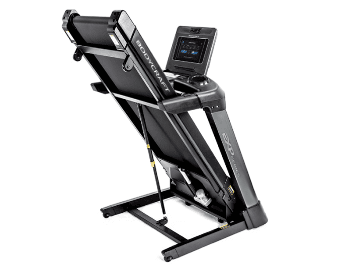 Black Bodycraft EXP series treadmill folded.