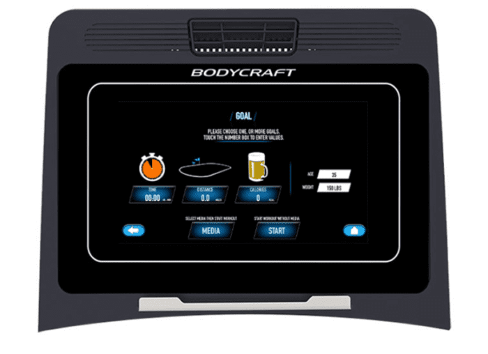 Bodycraft treadmill console with workout goal screen.