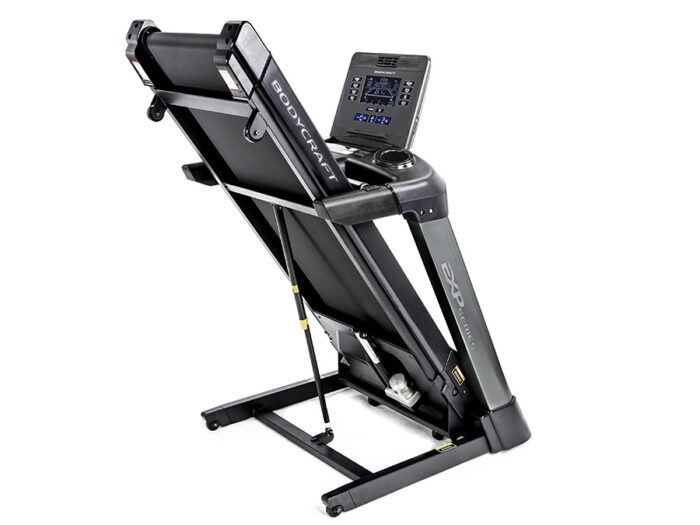 Black Bodycraft EXP Series treadmill folded.