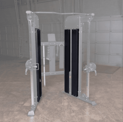 Gym weight machine with black rails.