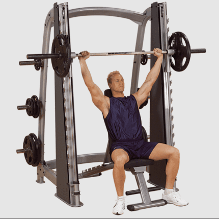 Man doing a shoulder press in a gym.