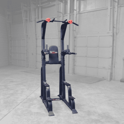 Black pull-up dip station with back pad.