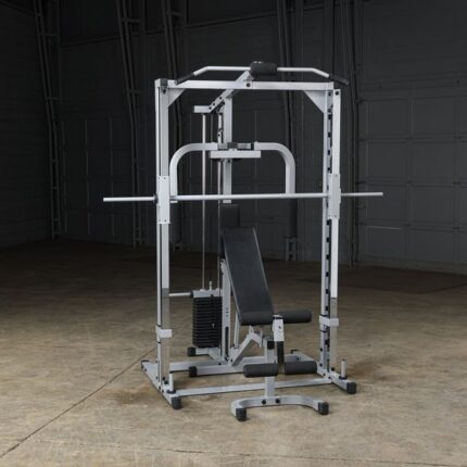 Silver home gym weightlifting equipment.