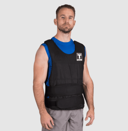 Man wearing a black weight vest.