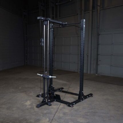 Black lat pulldown machine in a gym.