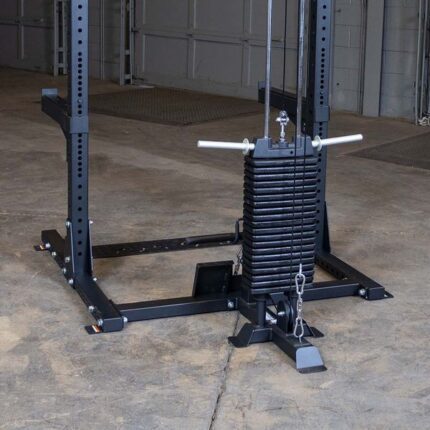 Black weightlifting machine with cable pulley.