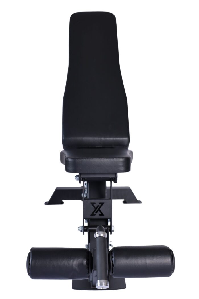 Black weight bench with adjustable backrest.