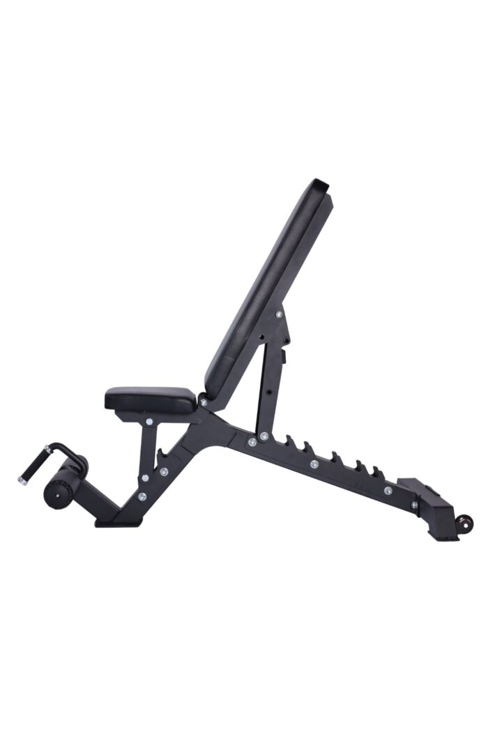 Black weight bench with adjustable back.