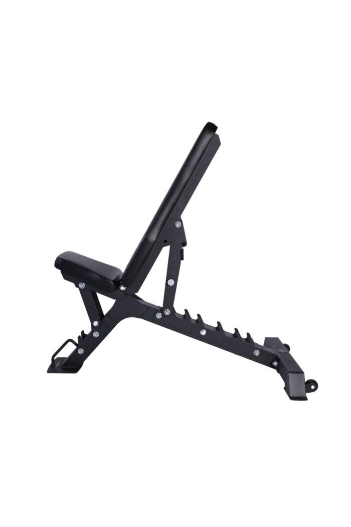 Black adjustable weight bench for exercise.