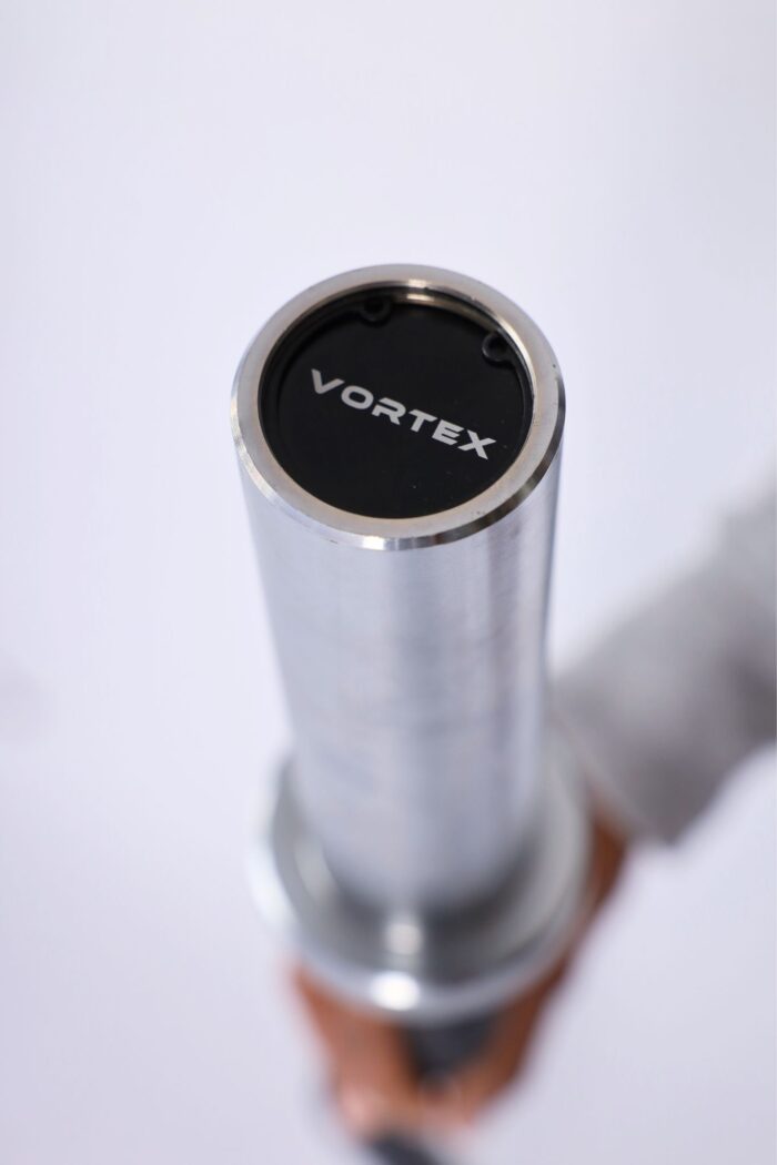 Close-up of Vortex weightlifting barbell.