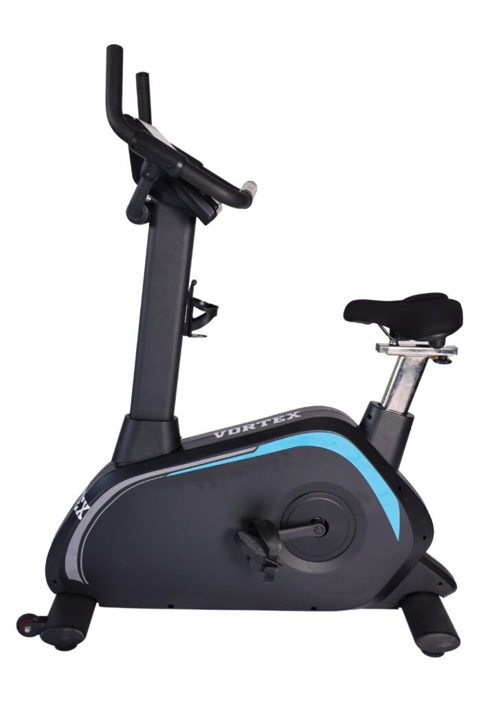 Black exercise bike with blue accents.