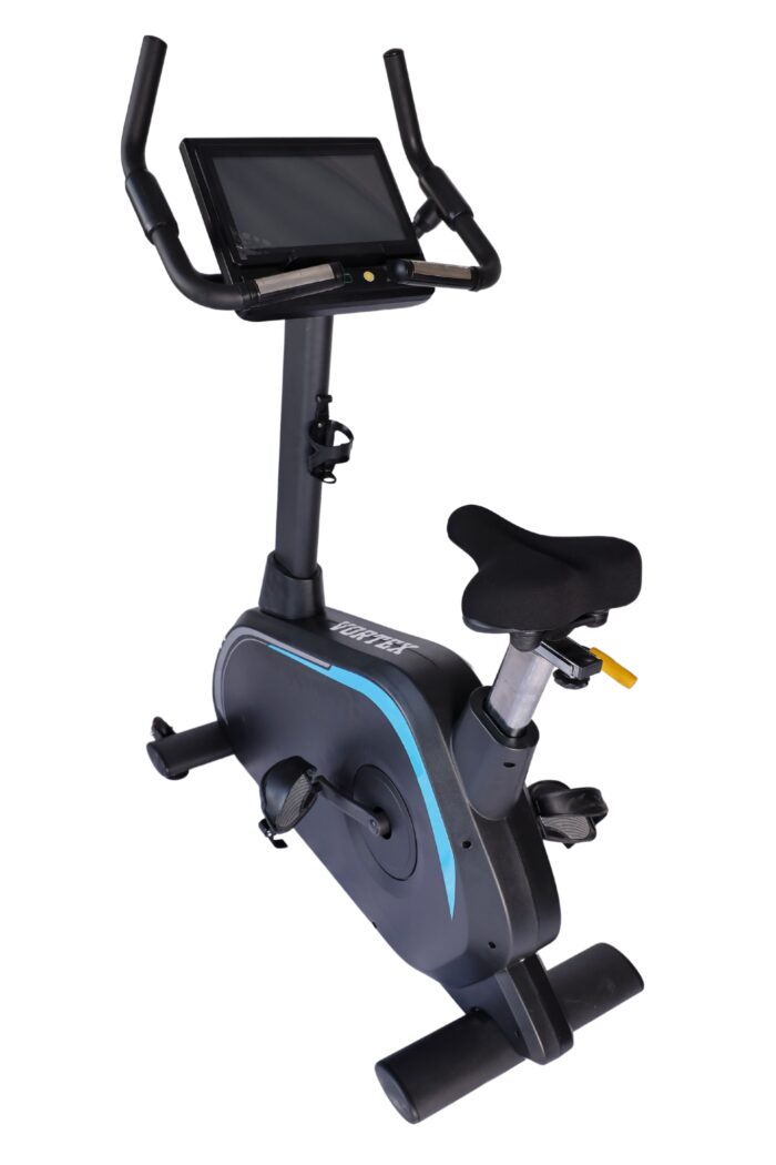 Black exercise bike with blue accents.