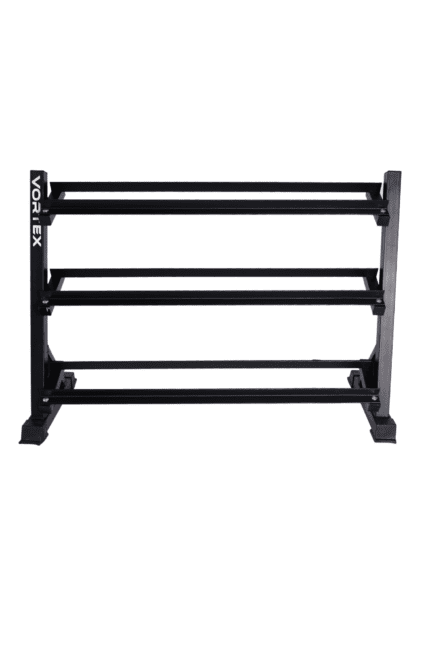 Black metal dumbbell rack with 3 tiers.