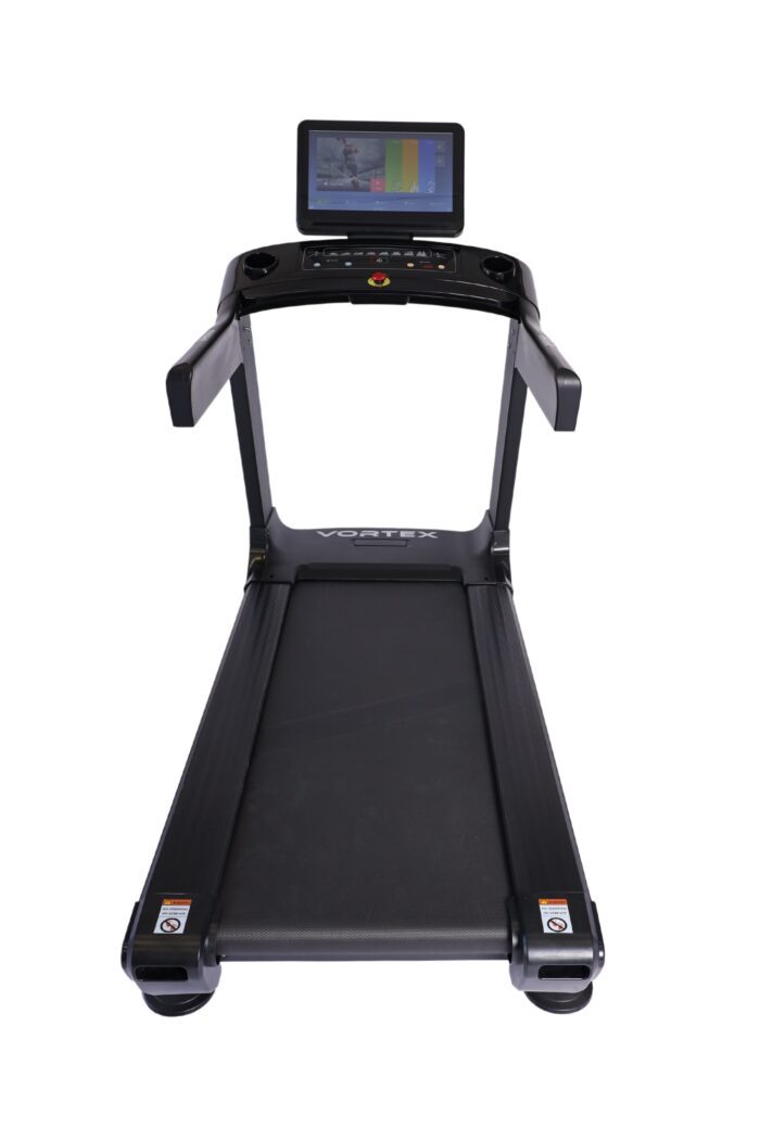 Black Vortex treadmill with a screen.