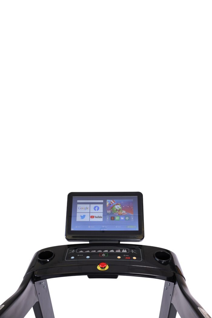 Black treadmill with touchscreen display.