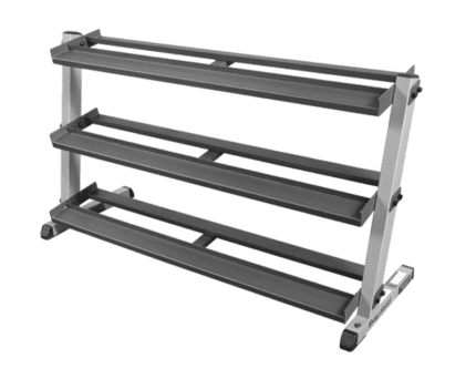 Three-tier dumbbell rack for gym use.