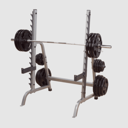 Weightlifting rack with barbell and weights.