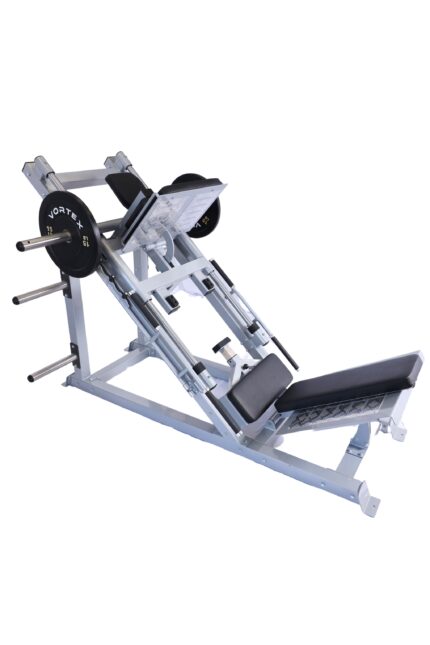 Silver leg press machine with weight plate.