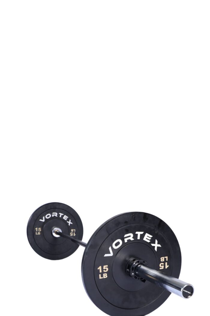 Black 15lb weight plates with barbell.