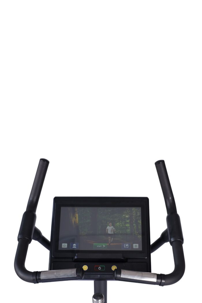 Black stationary bike with screen.