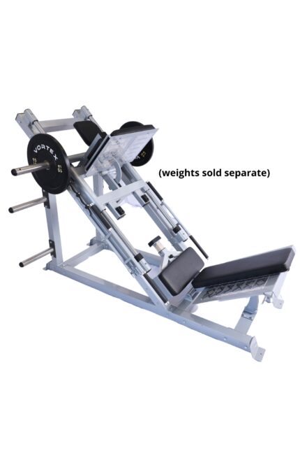 Leg press machine with weight plate.