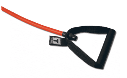 Red and black resistance band with handle.