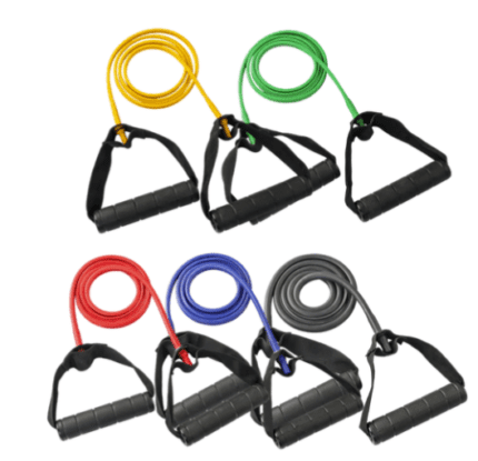 Set of colorful resistance bands with handles.