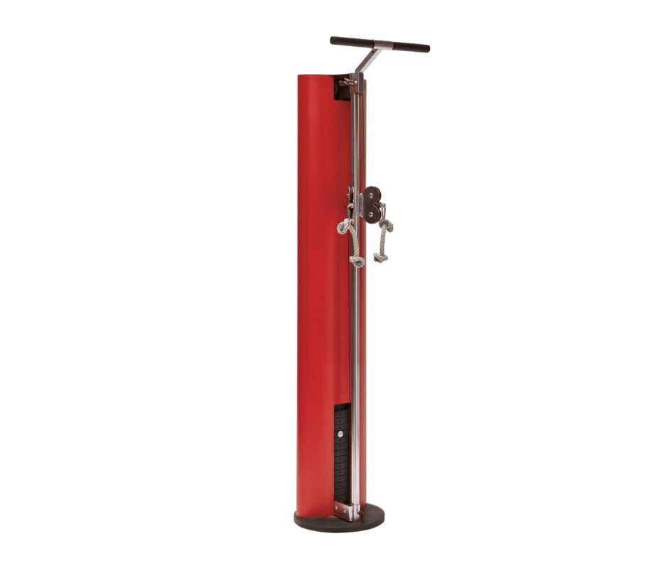 Red vertical weight training machine.