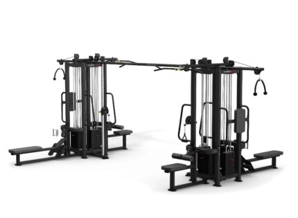 Dual cable crossover gym equipment on white background.