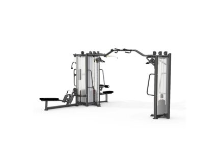 Gym cable machine with multiple workout stations.