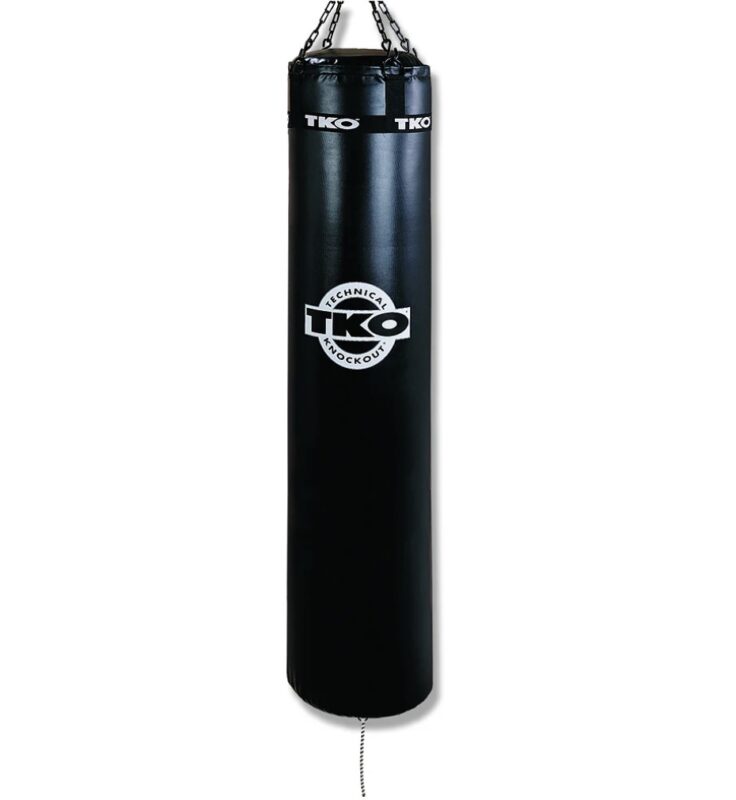Black heavy punching bag with TKO logo.