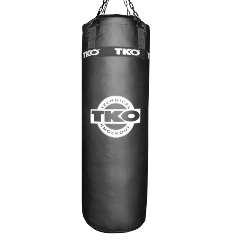 Black TKO punching bag with hanging chains.
