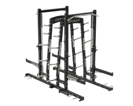 Black Defiant weightlifting rack on black background.