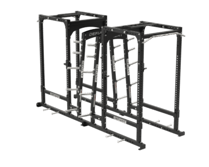 Black gym power rack with weight holders.