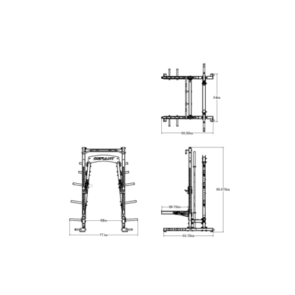 Weightlifting rack technical drawing with measurements.