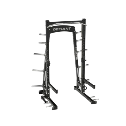 Power rack with barbell storage and branding.