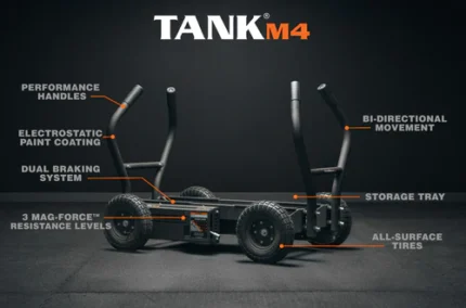 TANK M4 fitness sled with labeled features.