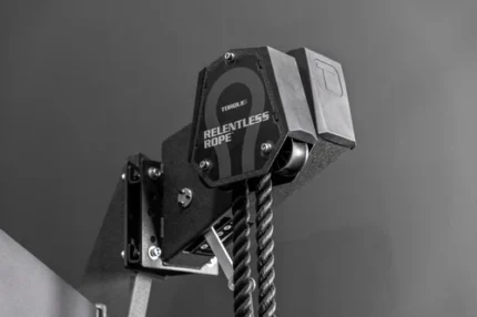 Exercise equipment with black rope and pulley.
