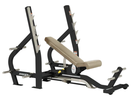 Adjustable weight bench with barbell rack.